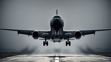 Fototapeta premium Airplane taking off in rainy weather with dramatic mist trail