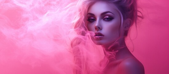 Obraz premium Portrait beautiful woman isolated pink smoke background. AI generated image