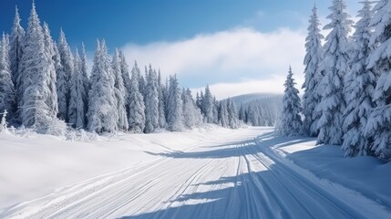 Obraz premium Serene Winter Landscape With Snow-Covered Trees and Clear Blue Sky, Ideal For Skiing, Nature, and Outdoor Adventures