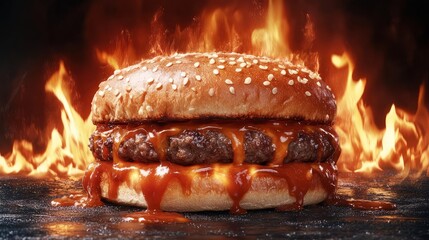Juicy burger with melted cheese and BBQ sauce, set against a fiery backdrop.