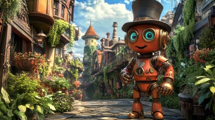 Animated mechanical character in a whimsical, European style city street scene, rich with detailed buildings, greenery, and paved walkways. Warm