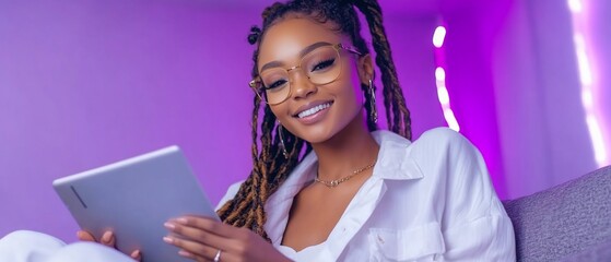 Woman uses tablet, purple room, cozy