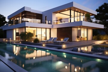 Fototapeta premium Modern house design with a stunning pool area illuminated at twilight showcasing contemporary architectural elegance and outdoor relaxation space