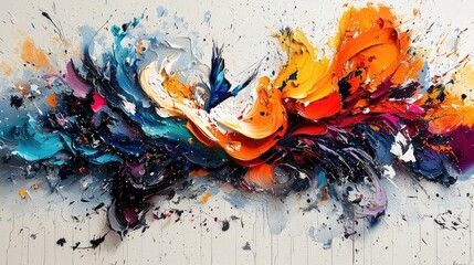Vibrant abstract artwork with swirling colors and dynamic motion against a light background