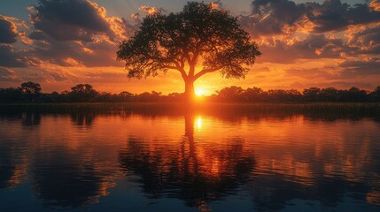 Serene Sunset Over Water with Majestic Tree