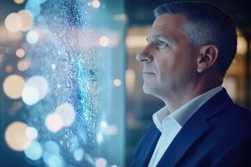 A pensive businessman contemplates a futuristic, data-driven interface, showcasing technological advancement and strategic decision-making.