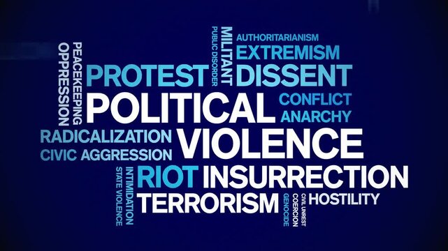 Political Violence animated word cloud;text design animation tag kinetic typography seamless loop.