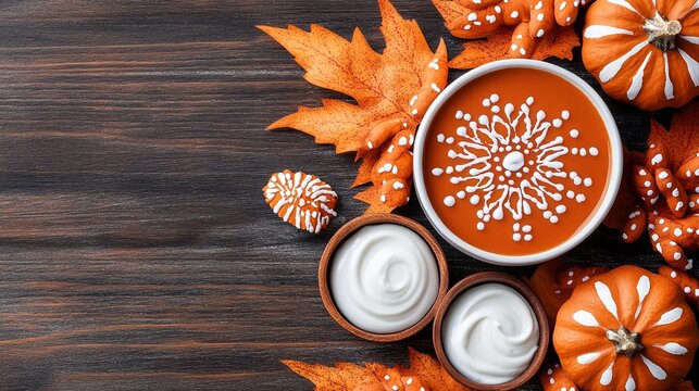 Colors of autumn with pumpkin soup and seasonal decorations for cozy dining experience