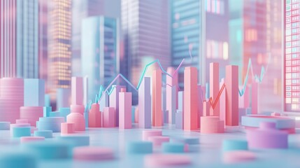 A colorful, abstract representation of a city skyline with various geometric shapes symbolizing growth, finance, and data analysis.