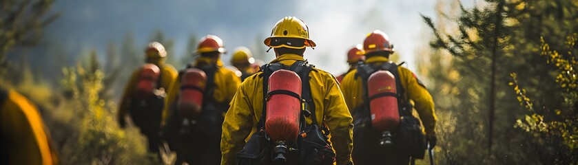 Brave firefighters work together to combat wildfires in challenging environments.