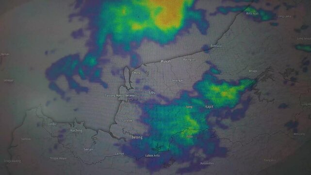 Animated radar map showing rainfall across Sarawak, Malaysia. Static camera view.