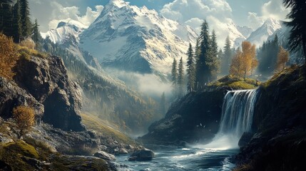 Fototapeta premium Scenic Mountain Valley With Waterfall And Autumn Colors