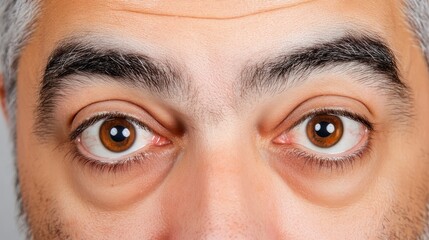 Close up view of a man's eyes with light brown eyes and light gray eyebrows on a neutral background