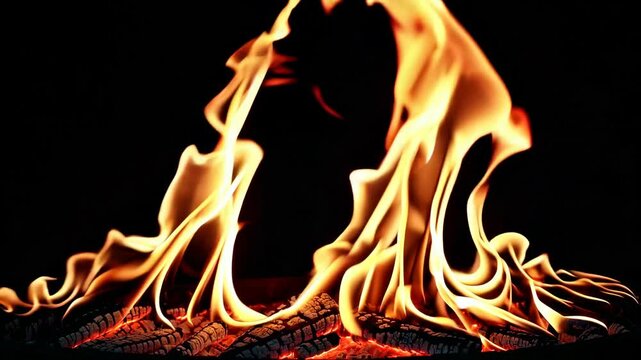 Raging flames over burning wood, fiery spectrum. Energy and warmth concept