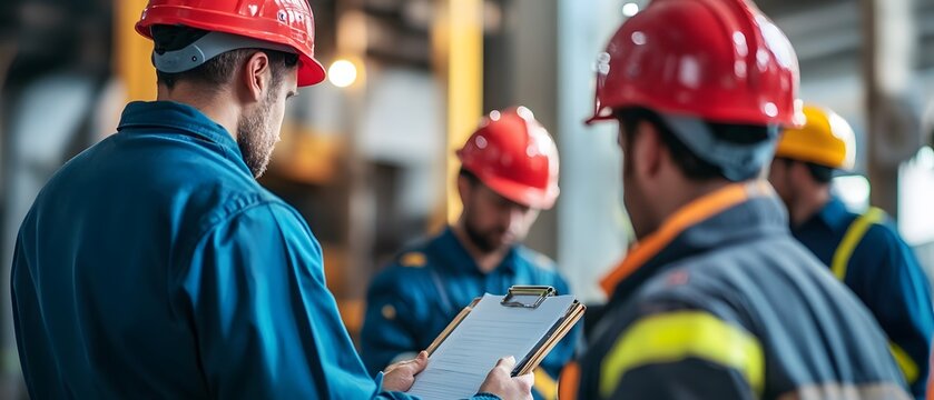 Workers in helmets reviewing safety protocols in a modern industrial setting.
