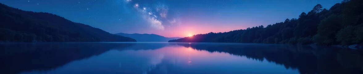 Fototapeta premium A calm and peaceful lake at night with a starry sky, atmosphere, lake, natural