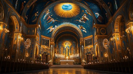 Obraz premium A heavenly Byzantine mosaic illustrating Saint Cecilia, surrounded by angelic choirs, intricate gold tesserae forming celestial patterns above,