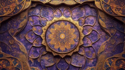 Obraz premium A vibrant Arabic background with intricate patterns of swirls, floral motifs, and geometric tiles, in shades of rich purple and gold