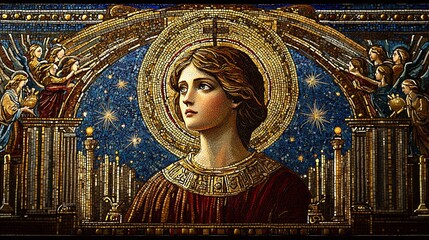 A heavenly Byzantine mosaic illustrating Saint Cecilia, surrounded by angelic choirs, intricate gold tesserae forming celestial patterns above,