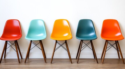 Colorful chairs await in minimalist room