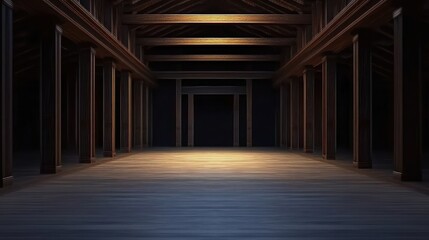 Spacious wooden interior with beams and soft lighting