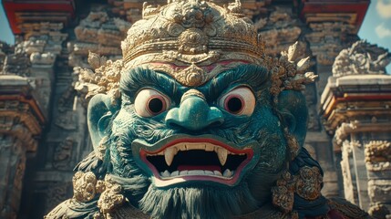 Close up of a large stone gargoyle head, teal blue with gold accents, showing large eyes, a wide open mouth with sharp teeth, and a detailed stone