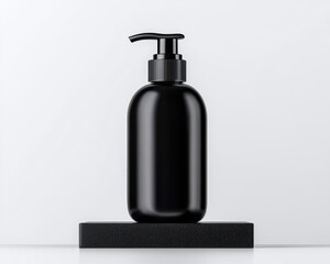 Fototapeta premium Sleek black bottle with pump on a minimalist display, ideal for toiletries or skincare products in modern settings.