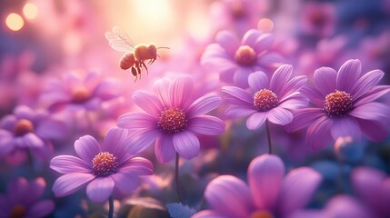 Bee, Flying on Flowers. closeup view