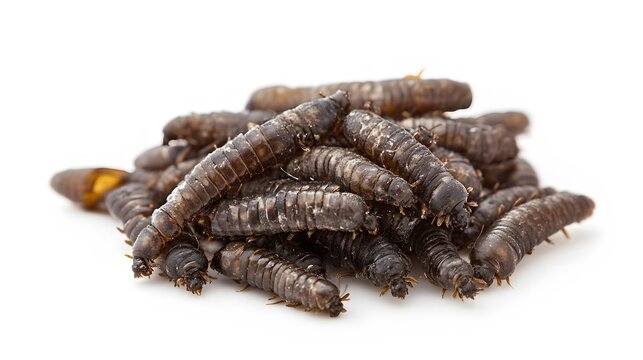 Pile of processed black soldier fly larvae on a white background