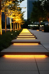 Obraz premium Luminous stairs in urban park at dusk. Serene background, suitable for travel