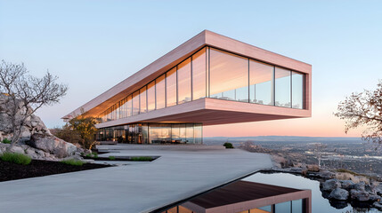 Obraz premium Modern hillside home sunset view, luxury architecture, tranquil setting