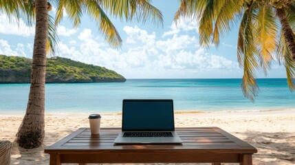 A serene beach scene featuring a laptop on a wooden table, surrounded by palm trees with a clear blue ocean in the background.