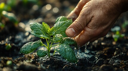 Farmer's hand watering a young plant