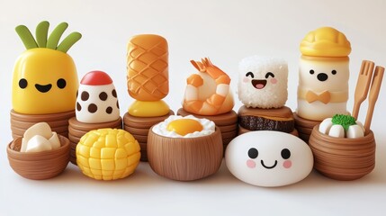 Adorable cartoon dim sum characters in wooden bowls.