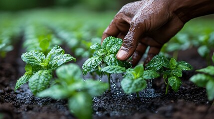 Farmer's hand watering a young plant