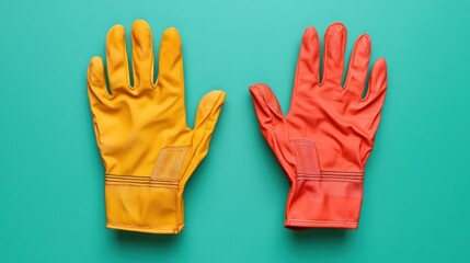 Obraz premium Yellow and red work gloves on teal background. Safety equipment for work projects