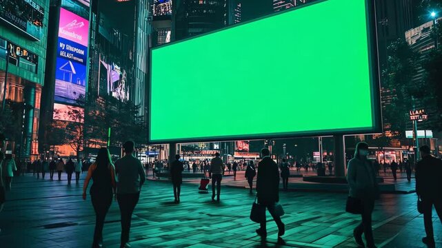 Clear green screen billboard mockup outdoor. Advertising clean poster on modern city street for advertisement. With clipping path on screen. Mock up for ad. Blank empty space for image. Evening, night