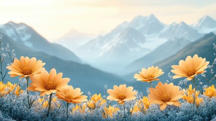 Vibrant field of yellow flowers in the foreground with majestic mountains and soft sunset in background