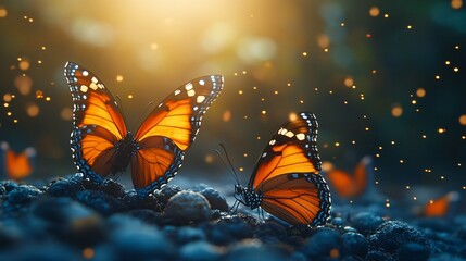 Group of colourful Butterflies on the ground and flying in forest