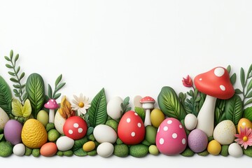 Colorful Easter eggs and mushrooms with green leaves on white background.