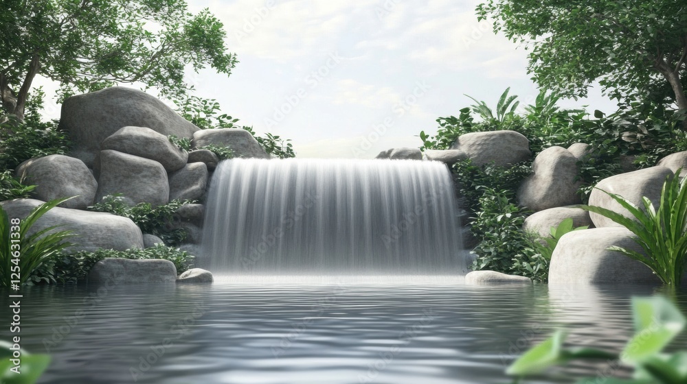 Poster serene waterfall cascades over rocks surrounded by lush greenery in a tranquil natural setting. gene