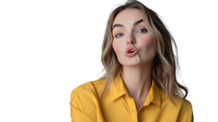 Blonde businesswoman pouting and sending a kiss on transparent background
