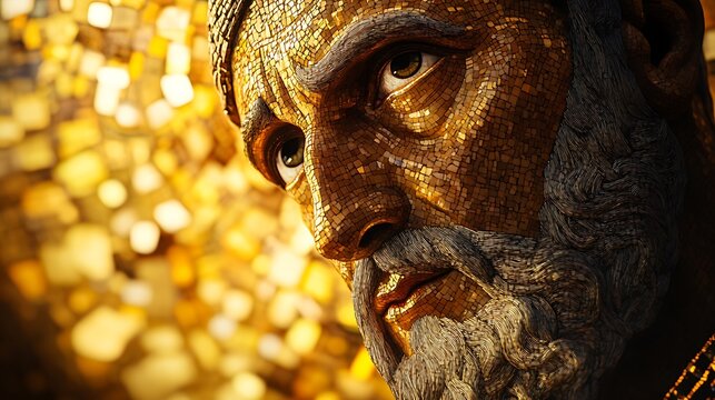 A majestic mosaic of Saint Augustine, his face illuminated by a divine glow, lost in contemplation as he writes *Confessions*, intricate tesserae forming a celestial golden backdrop,