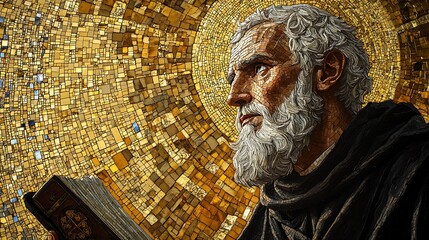 A majestic mosaic of Saint Benedict of Nursia, his face illuminated by divine wisdom, lost in contemplation as he holds his sacred book, intricate tesserae forming a celestial golden backdrop,
