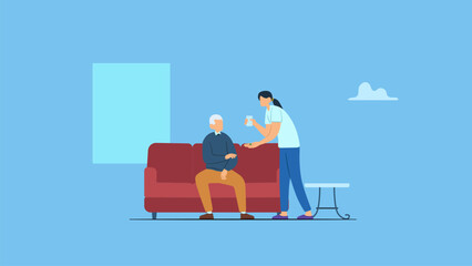 Vector illustration of a nurse help adult man, senior, elderly taking medicine, pills or supplements and glass of water in a nursing home. Elderly healthcare and support, age caregiving.