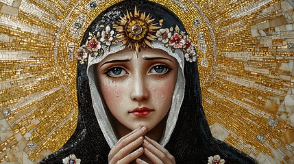 Fototapeta premium A majestic mosaic of Saint Catherine of Siena, tears of devotion in her eyes as she gazes at the Crown of Thorns in her hands, intricate tesserae forming a celestial golden backdrop,