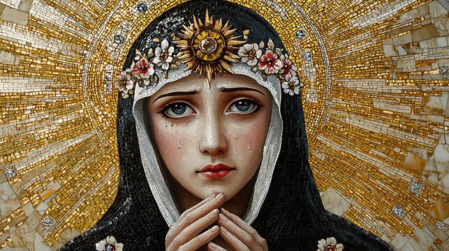 A majestic mosaic of Saint Catherine of Siena, tears of devotion in her eyes as she gazes at the Crown of Thorns in her hands, intricate tesserae forming a celestial golden backdrop,