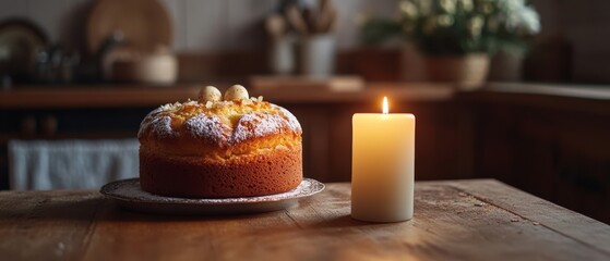 A warmly lit cake with nuts and powdered sugar sits beside a glowing candle, offering a cozy ambiance in a rustic kitchen.