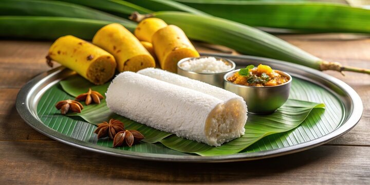 Puttu plate with steaming hot puttu made of rice flour and coconut served with banana and kadala curry, Food platter, Breakfast meal
