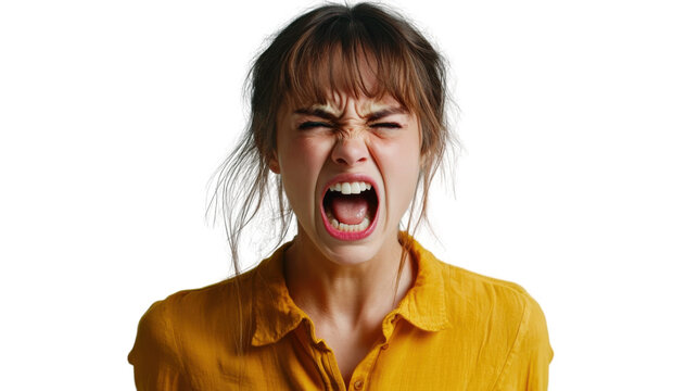 Young woman shouting with transparent background: expressing anger and frustration